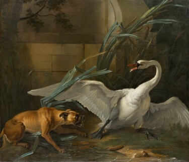 Painting titled "Cygne attaqué par u…" by Jean-Baptiste Oudry, Original Artwork, Oil