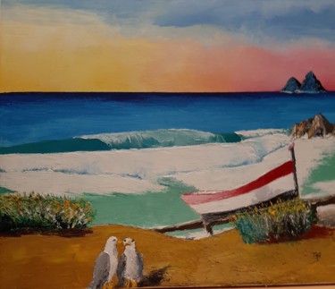 Картина под названием "plage de la verne (…" - Jean Bellier, Подлинное произведение искусства, Масло Установлен на Деревянна…