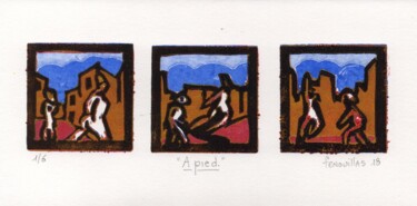 Printmaking titled "A pied. 1/6" by Jean-Bernard Fenouillas, Original Artwork, Linocuts