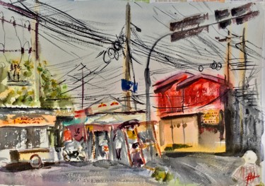 Painting titled "Ayutthaya electri-c…" by Jean-Bruno Ricard, Original Artwork, Watercolor