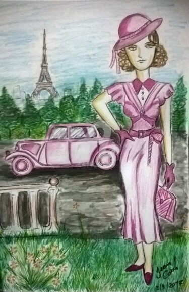 Pintura intitulada "Girl pink" por Jean Carlo Pereira, Obras de arte originais, Aquarela