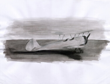 Картина под названием "Avion Biplan" - Jean-Charles Hecquet, Подлинное произведение искусства, Акварель
