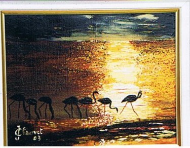 Peinture intitulée "Les flamants du soir" par Jean Chauvet, Œuvre d'art originale, Huile