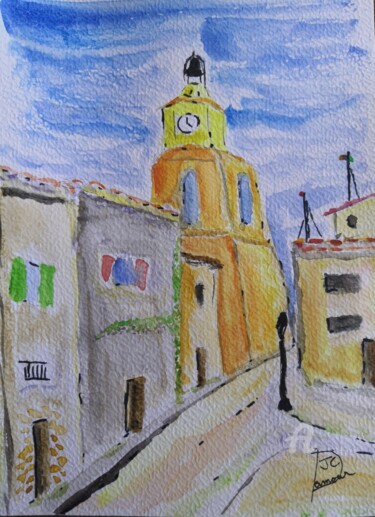 Painting titled "Rue paisible à St T…" by Jean Christophe Damour, Original Artwork, Watercolor
