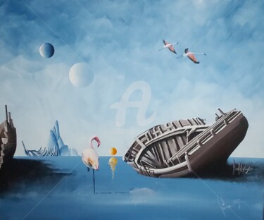 Painting titled "Flamingo Island" by Jean-Christophe Labrue, Original Artwork, Acrylic