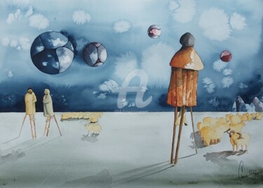 Peinture intitulée "Les bergers de la t…" par Jean-Christophe Labrue, Œuvre d'art originale, Aquarelle