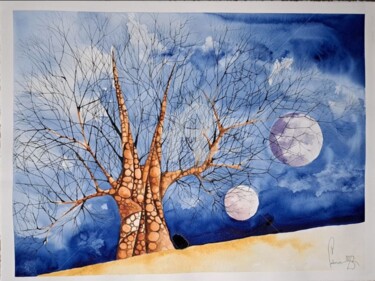 Malerei mit dem Titel "L'arbre de Villeneu…" von Jean-Christophe Labrue, Original-Kunstwerk, Aquarell
