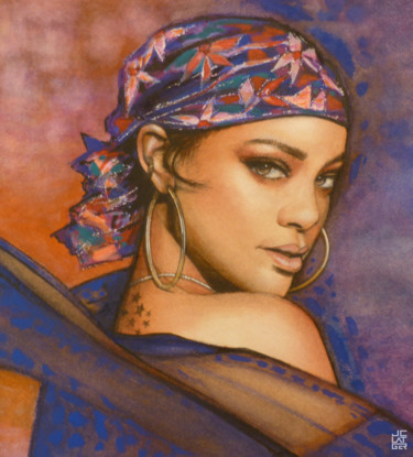 Malerei mit dem Titel "Rihanna" von Jean-Christophe Latger, Original-Kunstwerk, Aquarell