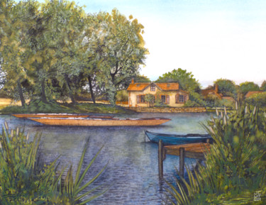 Painting titled "Les barques" by Jean-Christophe Latger, Original Artwork, Watercolor