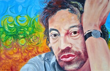 Painting titled "Serge Gainsbourg n°2" by Jean-Claude Bemben, Original Artwork, Oil Mounted on Wood Stretcher frame