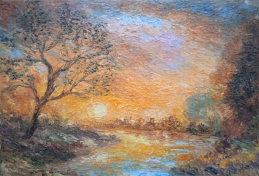 Painting titled "Soleil couchant sur…" by Jean-Claude Bemben, Original Artwork, Oil Mounted on Wood Stretcher frame