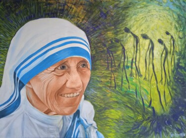 Painting titled "Mère Teresa" by Jean-Claude Bemben, Original Artwork, Oil Mounted on Wood Stretcher frame