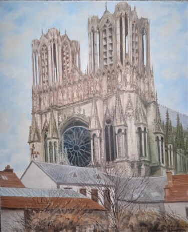 Painting titled "La cathédrale de Re…" by Jean-Claude Bemben, Original Artwork, Oil Mounted on Wood Stretcher frame