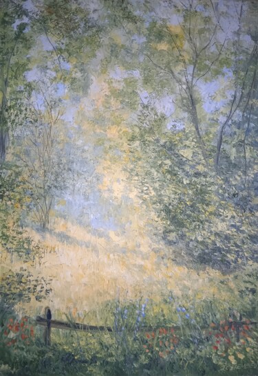 Painting titled "La clairière" by Jean-Claude Bemben, Original Artwork, Oil Mounted on Wood Stretcher frame