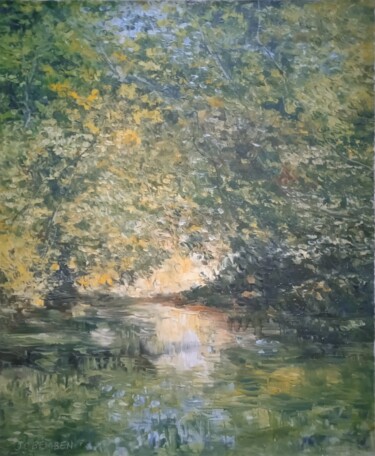 Painting titled "La rivière à Taissy" by Jean-Claude Bemben, Original Artwork, Oil Mounted on Wood Stretcher frame