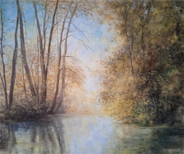 Painting titled "La rivière près de…" by Jean-Claude Bemben, Original Artwork, Oil Mounted on Wood Stretcher frame