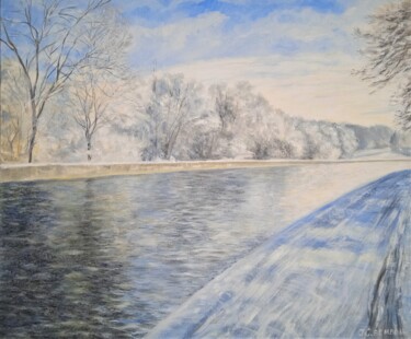 Painting titled "Le canal sous le gi…" by Jean-Claude Bemben, Original Artwork, Oil Mounted on Wood Stretcher frame