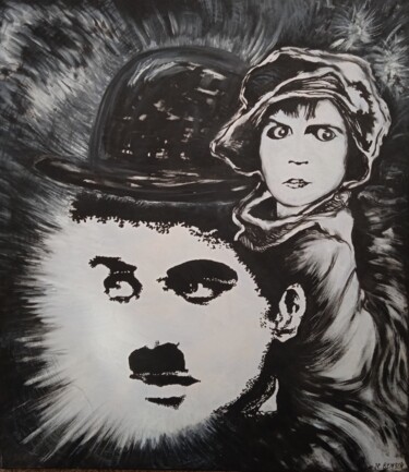 Painting titled "Charlie Chaplin" by Jean-Claude Bemben, Original Artwork, Oil Mounted on Wood Stretcher frame