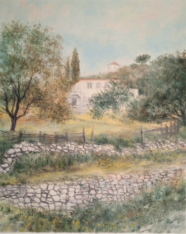 Painting titled "Ile d'Hydra (Grèce)" by Jean-Claude Bemben, Original Artwork, Oil Mounted on Wood Stretcher frame