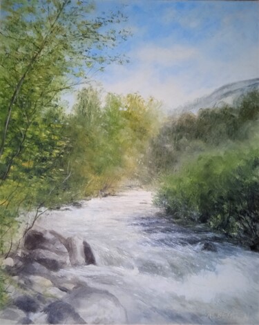 Painting titled "Torrent aux Menuires" by Jean-Claude Bemben, Original Artwork, Oil Mounted on Wood Stretcher frame