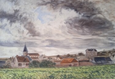 Painting titled "Village de Sacy" by Jean-Claude Bemben, Original Artwork, Oil Mounted on Wood Stretcher frame