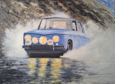 Painting titled "Renault 8 gordini" by Jean-Claude Bemben, Original Artwork, Oil Mounted on Wood Stretcher frame