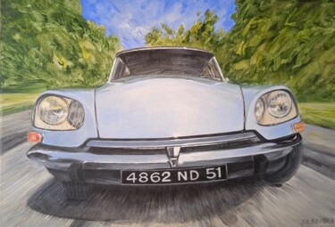 Painting titled "La DS 19 Citroën" by Jean-Claude Bemben, Original Artwork, Oil Mounted on Wood Stretcher frame