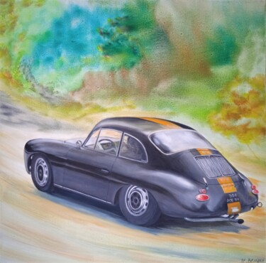 Painting titled "La Porsche 356 à l'…" by Jean-Claude Bemben, Original Artwork, Oil Mounted on Wood Stretcher frame