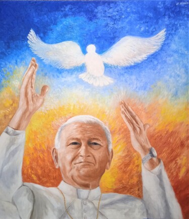 Painting titled "Le Pape Jean - Paul…" by Jean-Claude Bemben, Original Artwork, Oil Mounted on Wood Stretcher frame