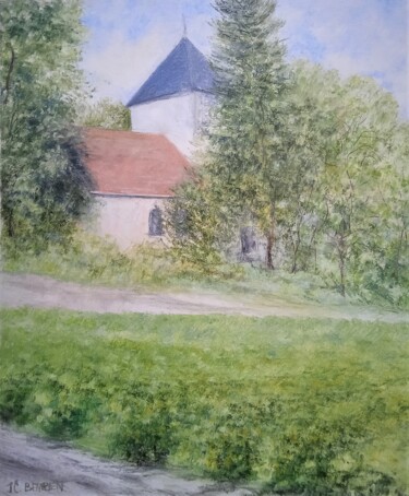 Pintura intitulada "L'Eglise dans les a…" por Jean-Claude Bemben, Obras de arte originais, Óleo Montado em Armação em madeira
