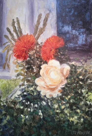 Painting titled "Rose et dalhias au…" by Jean-Claude Bemben, Original Artwork, Oil Mounted on Wood Stretcher frame