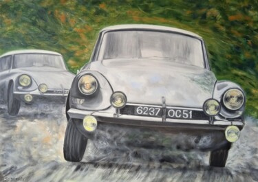 Painting titled "Deux  DS 19 Citroën…" by Jean-Claude Bemben, Original Artwork, Oil Mounted on Wood Stretcher frame