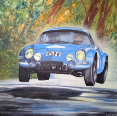 Painting titled "La berlinette A 110…" by Jean-Claude Bemben, Original Artwork, Oil Mounted on Wood Stretcher frame