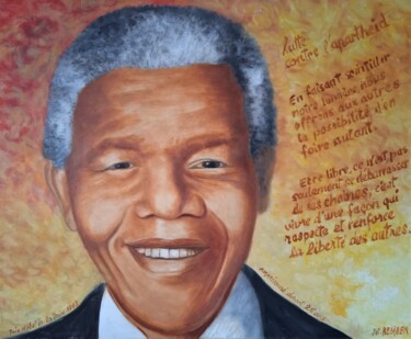 「Nelson Mandela」というタイトルの絵画 Jean-Claude Bembenによって, オリジナルのアートワーク, オイル ウッドストレッチャーフレームにマウント