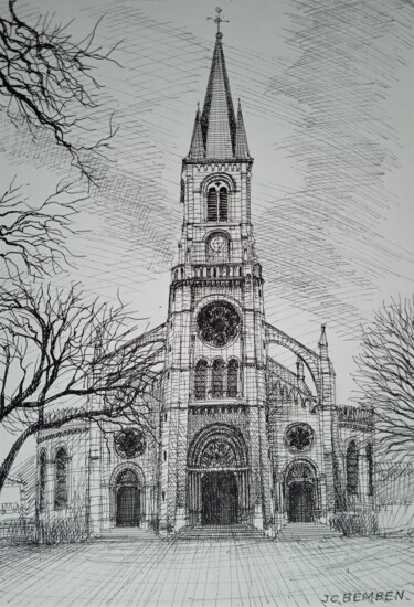 Rysunek zatytułowany „l'Eglise St andré à…” autorstwa Jean-Claude Bemben, Oryginalna praca, Atrament