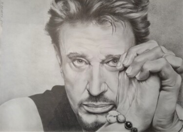 Drawing titled "Johnny Hallyday" by Jean-Claude Bemben, Original Artwork, Conté Mounted on Glass