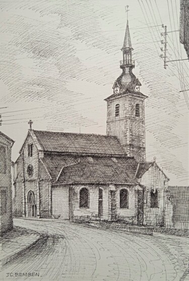 Drawing titled "L'Eglise de Sermiers" by Jean-Claude Bemben, Original Artwork, Ink
