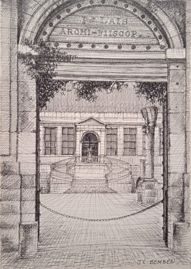 Zeichnungen mit dem Titel "Cour du Palais du t…" von Jean-Claude Bemben, Original-Kunstwerk, Tinte