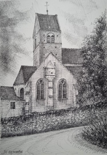 Drawing titled "L'Eglise de Arcis l…" by Jean-Claude Bemben, Original Artwork, Ink