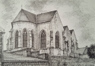 Drawing titled "l'Eglise de Savigny…" by Jean-Claude Bemben, Original Artwork, Ink