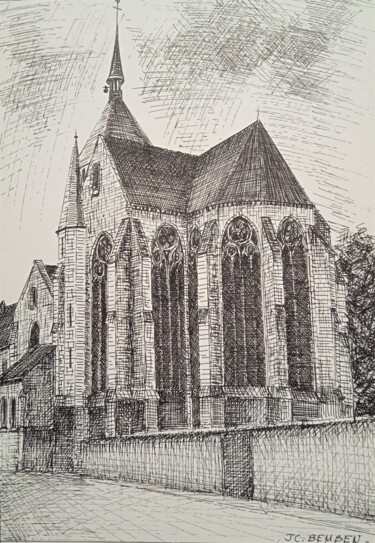 Tekening getiteld "L'Eglise de Damery" door Jean-Claude Bemben, Origineel Kunstwerk, Inkt
