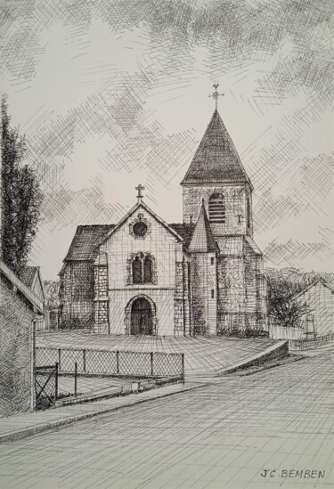 Rysunek zatytułowany „L'Eglise de Germaine” autorstwa Jean-Claude Bemben, Oryginalna praca, Atrament