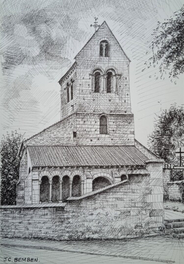 Zeichnungen mit dem Titel "l'Eglise de St Thie…" von Jean-Claude Bemben, Original-Kunstwerk, Tinte