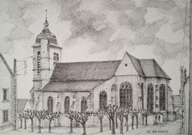 Drawing titled "l'Eglise de Troissy" by Jean-Claude Bemben, Original Artwork, Ink