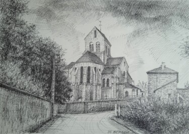 Drawing titled "l'Eglise de Rosnay" by Jean-Claude Bemben, Original Artwork, Ink Mounted on Other rigid panel