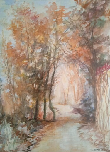 Рисунок под названием "Chemin forestier mo…" - Jean-Claude Bemben, Подлинное произведение искусства, Акварель