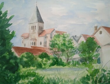 Schilderij getiteld "Vue sur le village…" door Jean-Claude Bemben, Origineel Kunstwerk, Aquarel