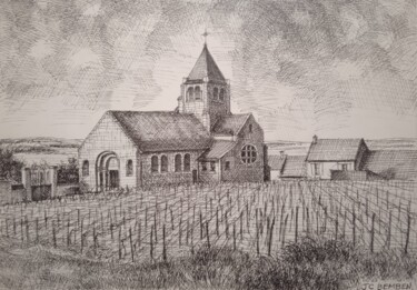 Zeichnungen mit dem Titel "Eglise de Vrigny, d…" von Jean-Claude Bemben, Original-Kunstwerk, Tinte