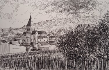 Drawing titled "Eglise de Sacy, vue…" by Jean-Claude Bemben, Original Artwork, Ink