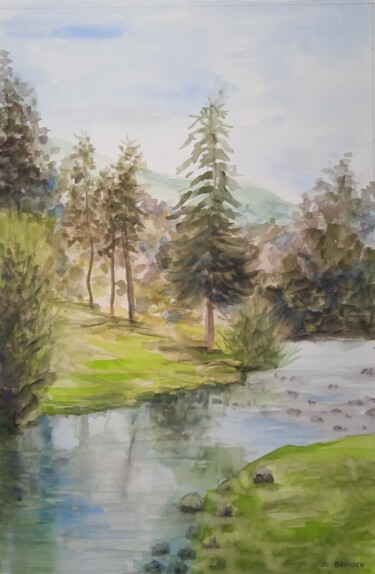 Tekening getiteld "Rivière Alpestre" door Jean-Claude Bemben, Origineel Kunstwerk, Aquarel